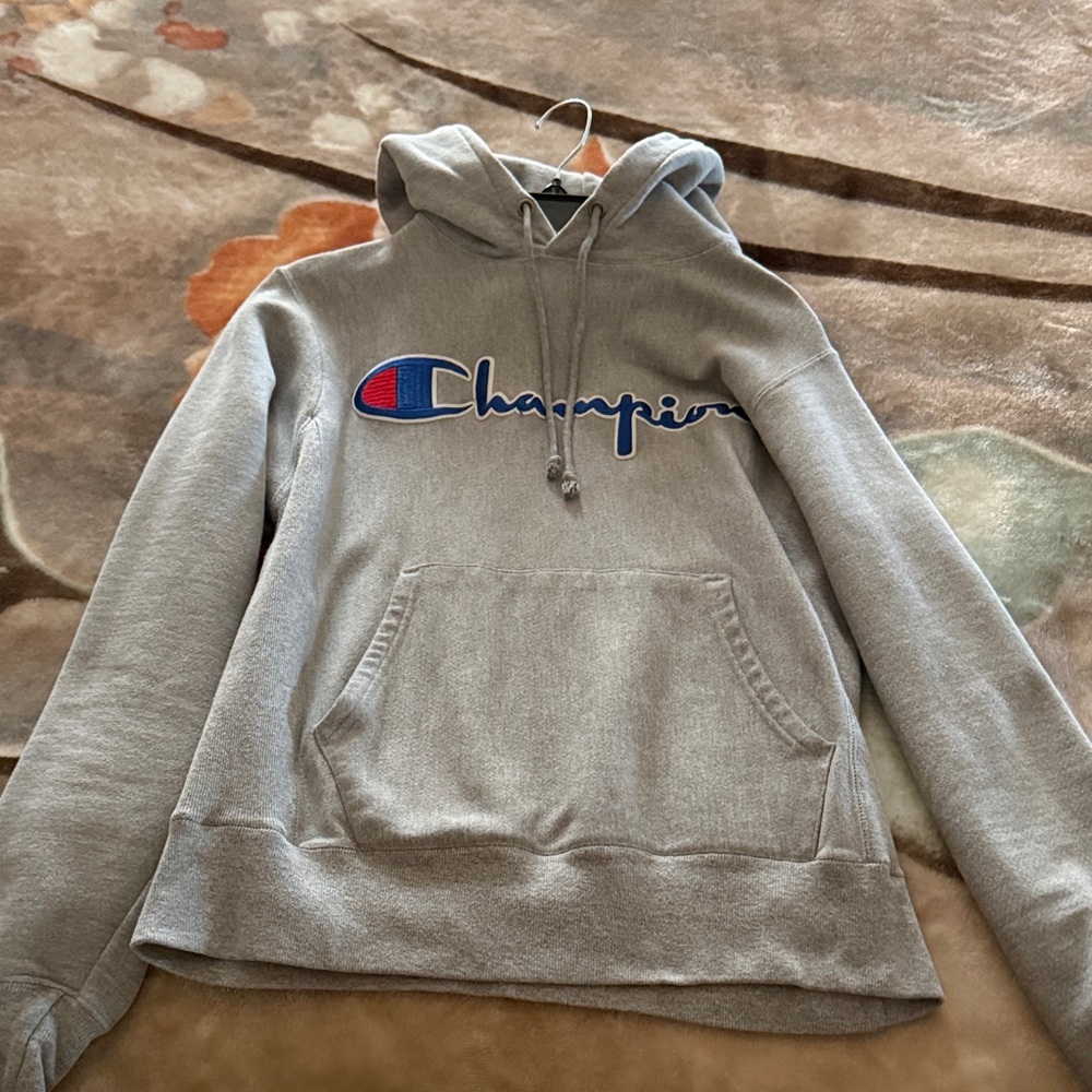 Men’s Champion Light Gray Hoodie with Blue Logo
